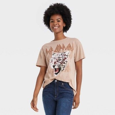 Women&#39;s Def Leppard Animal Print Short Sleeve Graphic T-Shirt - Taupe L | Target