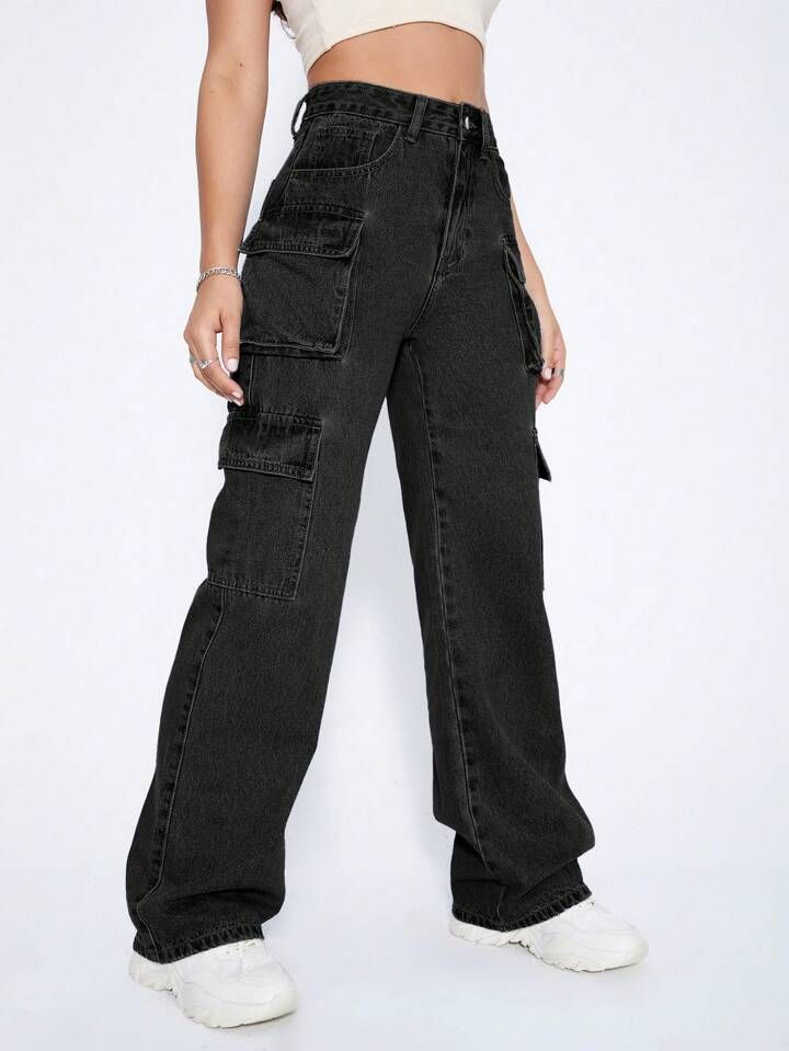SHEIN EZwear Y2k Black High Waist Flap Pocket Cargo Jeans | SHEIN