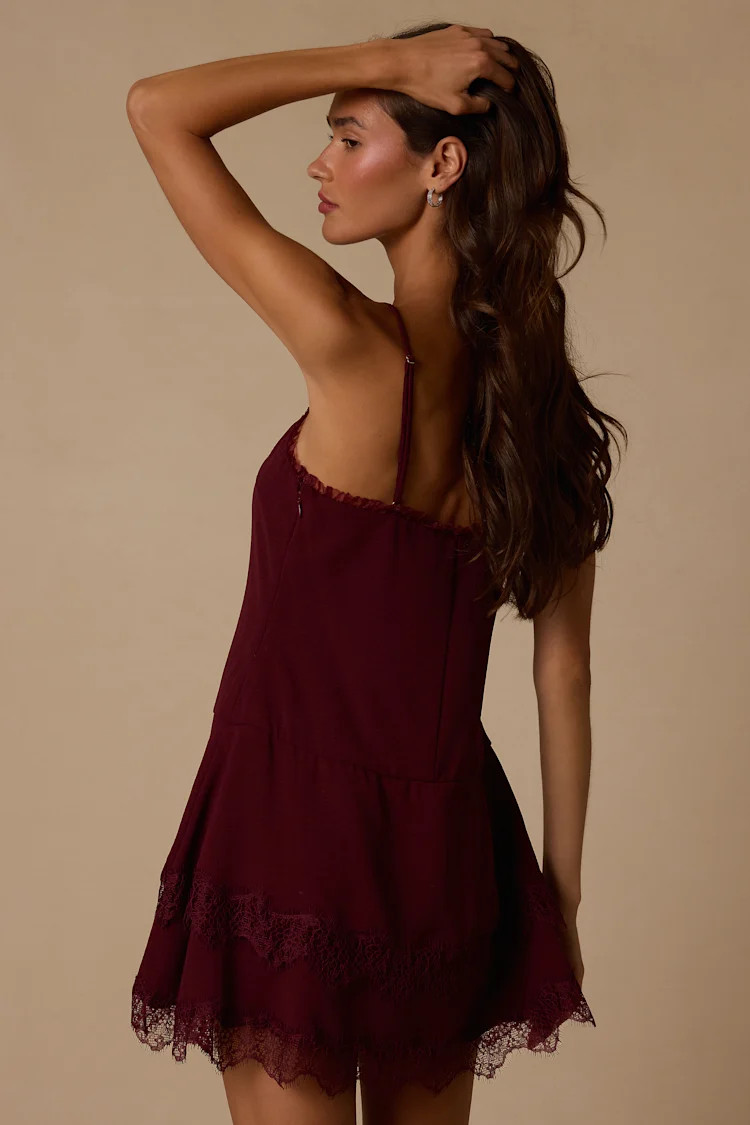 Sahima Wine Red Lace Tiered Mini Dress | Lulus
