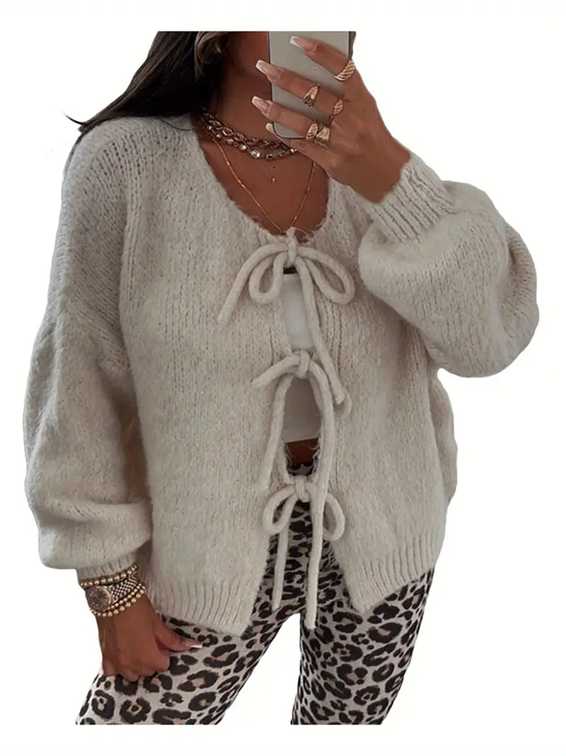 Local warehouseLong Sleeve Women's Loose Fall Sweater - Solid Color V-Neck Tie Front Cardigan | Temu Affiliate Program