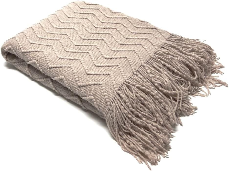 Humble Hilo Throw Blanket Soft Lightweight Fringe Blanket (Knitted Waves Light Camel, Large) | Amazon (US)