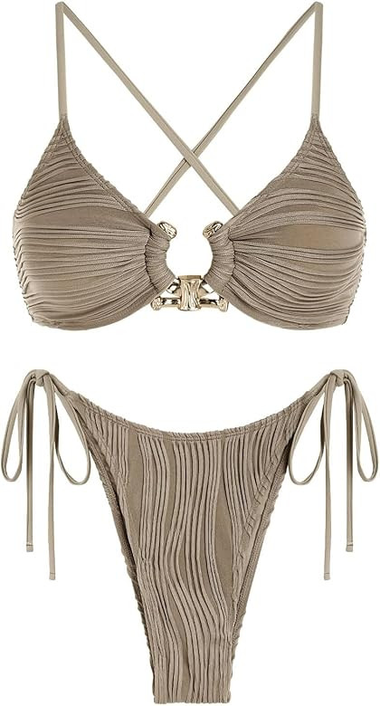 ZAFUL Women's Cutout Bikini Criss Cross Textured Metal High Leg Bikini Sets Cheeky Swimwear Two P... | Amazon (US)