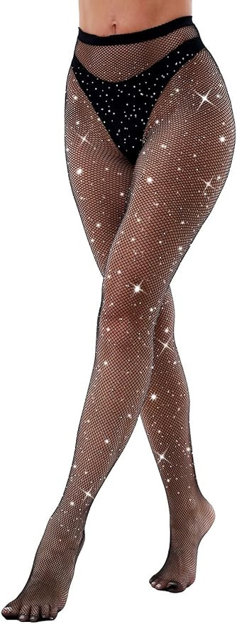 VEBZIN Sexy Sparkly Fishnets Stockings Jeweled High Waist Fishnet Tights for Women Rhinestone Par... | Amazon (US)
