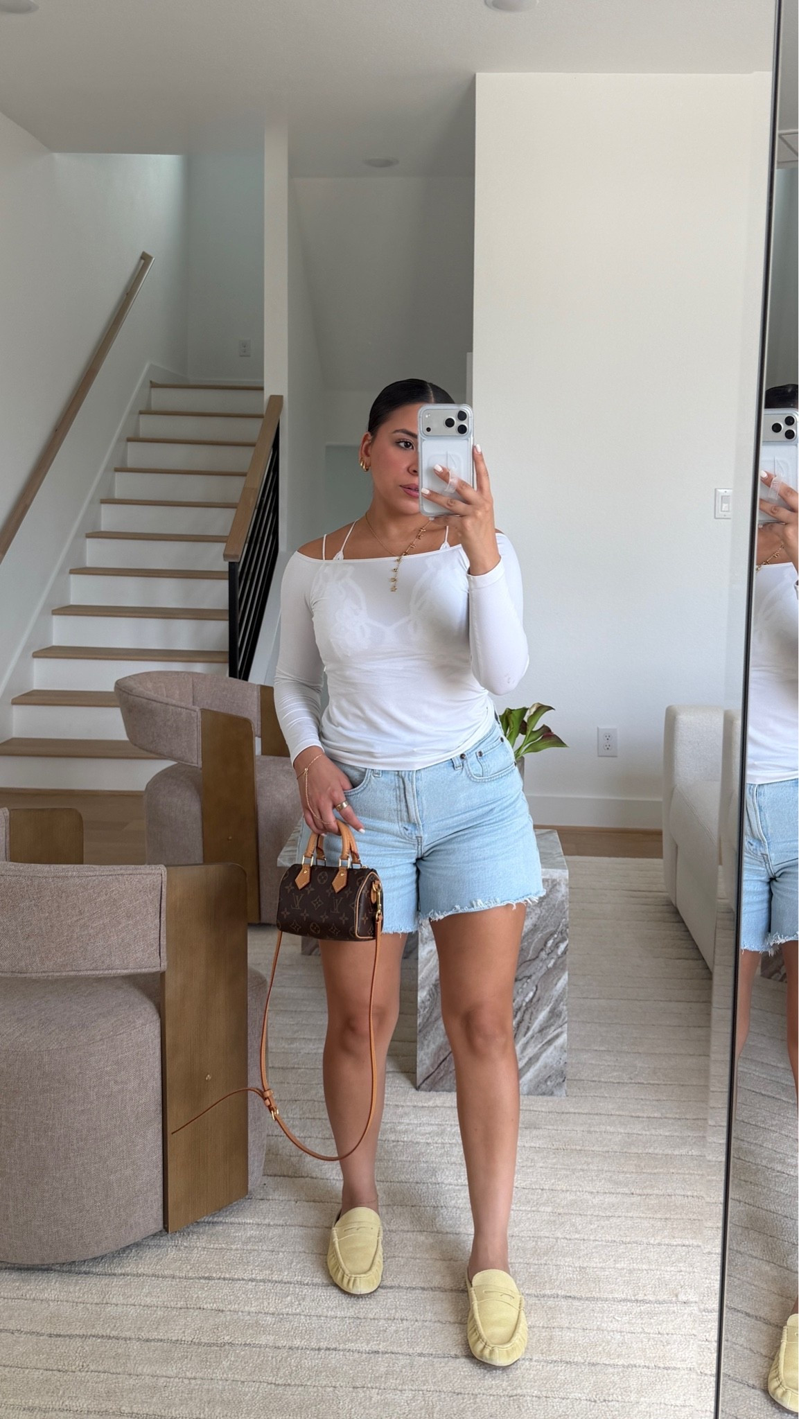 Lunch ootd 
Off the shoulder top: small
Bralette: small
Light wash denim shorts: 27 
Loafers: 6.5 
Nano speedy

#LTKootd #LTKPetite #LTKgrwm