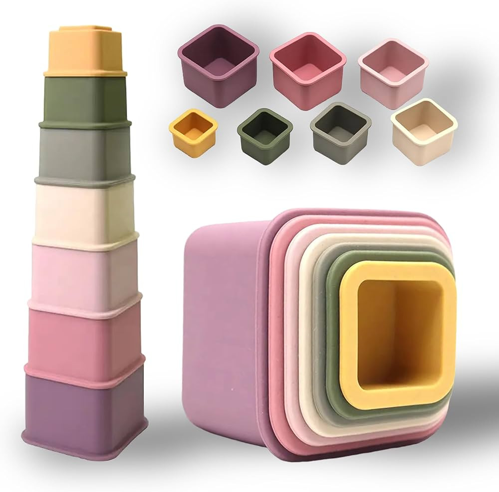 Baby Stacking Cups Set of 7 - Square Silicon Nesting Cups - Baby Montessori Toys Motor Skills Sta... | Amazon (US)