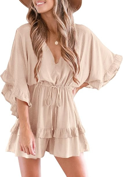 Valphsio Womens V Neck Beach Romper Ruffle Layered Drawstring Waisted Shorts Jumpsuit | Amazon (US)