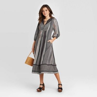 Women's Striped Long Sleeve V-Neck Midi Dress - Universal Thread™ Gray | Target