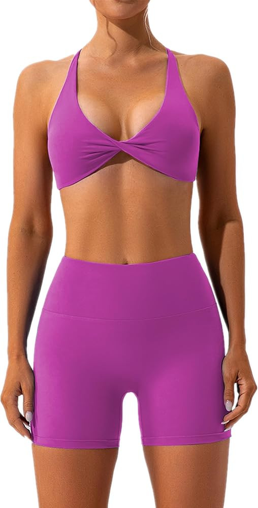 ABOCIW Workout Sets for Women 2 Piece Twist Front Halter Sports Bras High Waist Booty Shorts Exer... | Amazon (US)