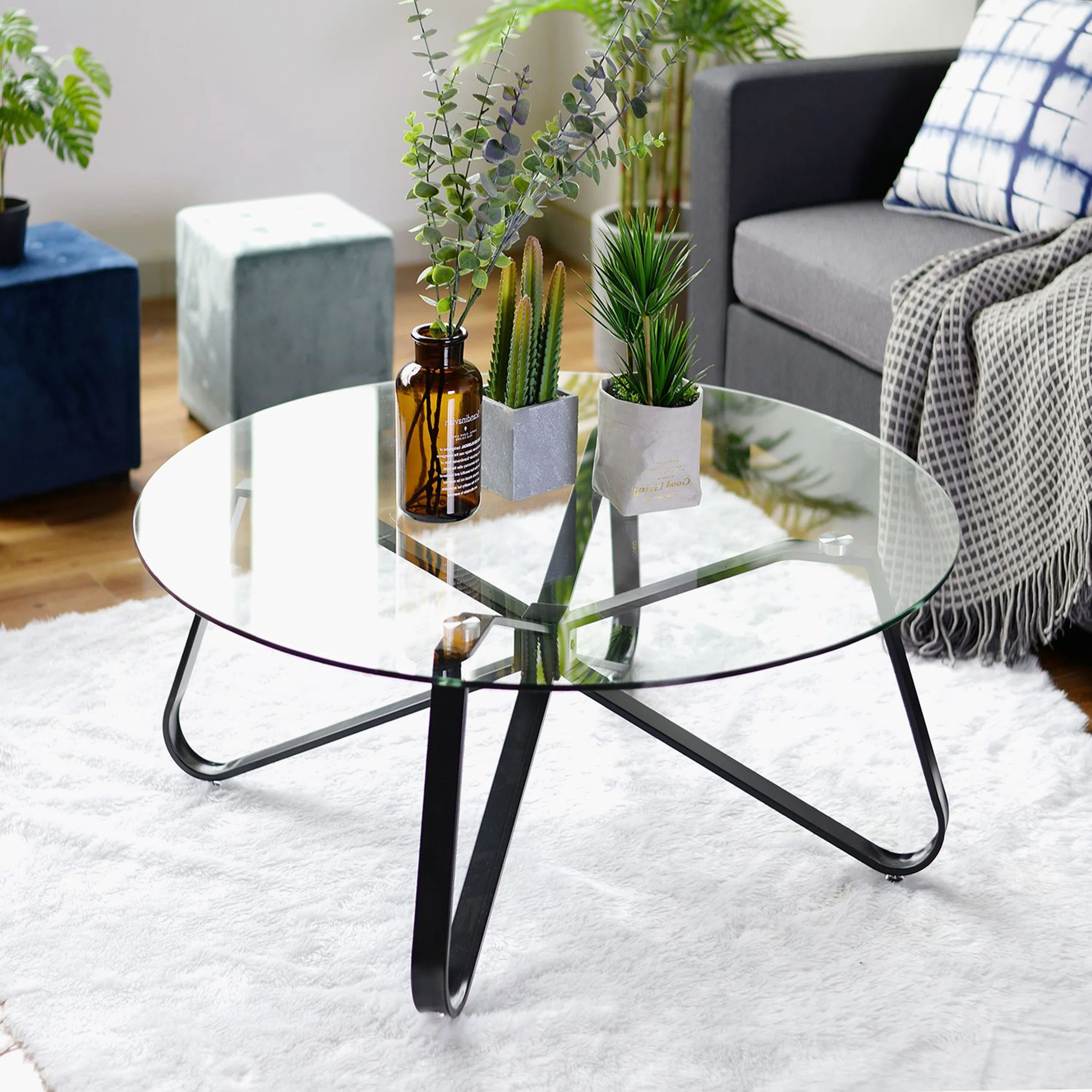 31.5" Round Glass Coffee Table with Metal Frame Supported for Living Room | Wayfair North America