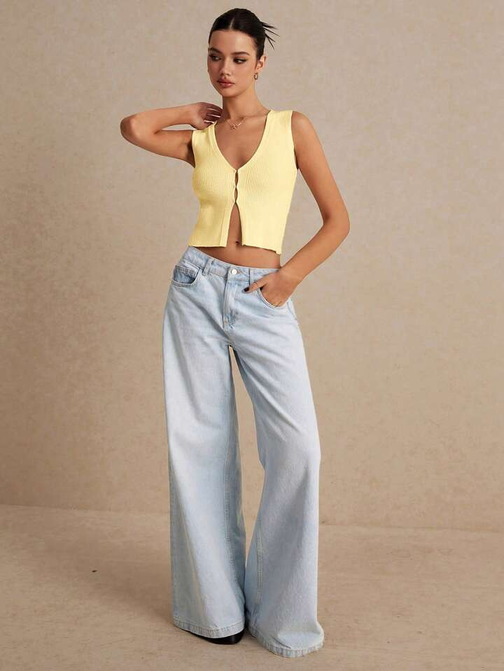 Poéselle Women's Solid Color V-Neck Single-Breasted Casual Knitted Vest | SHEIN