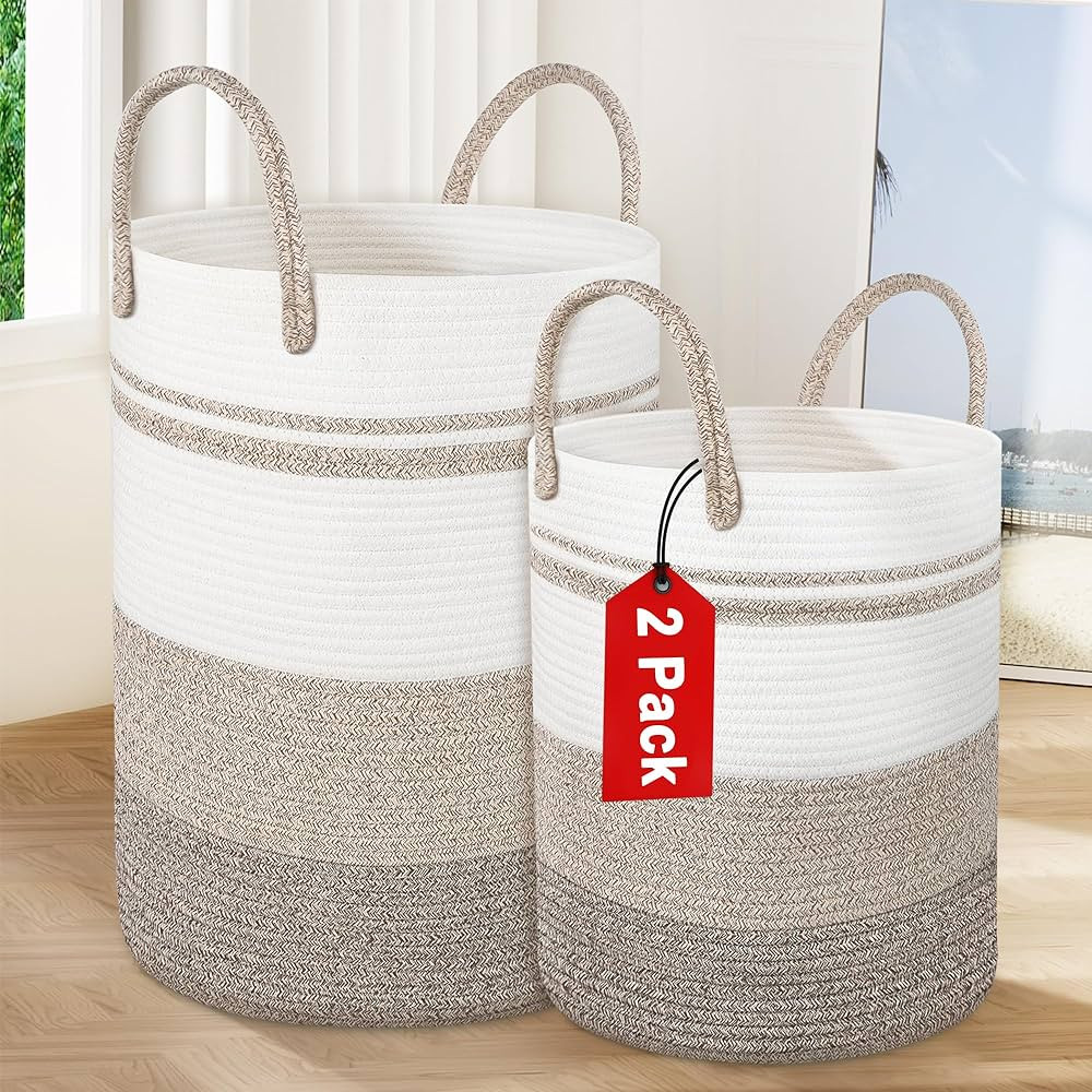 2 Pack Large Tall Rope Laundry Baskets, Cotton Laundry Hamper, Dirty Clothes Hampers Woven Basket... | Amazon (US)
