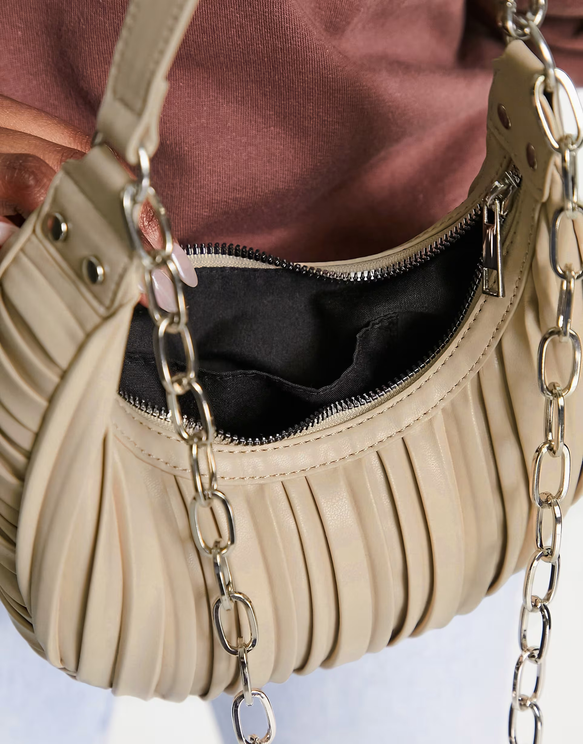ASOS DESIGN pleated shoulder bag with chain detailing in stone | ASOS (Global)