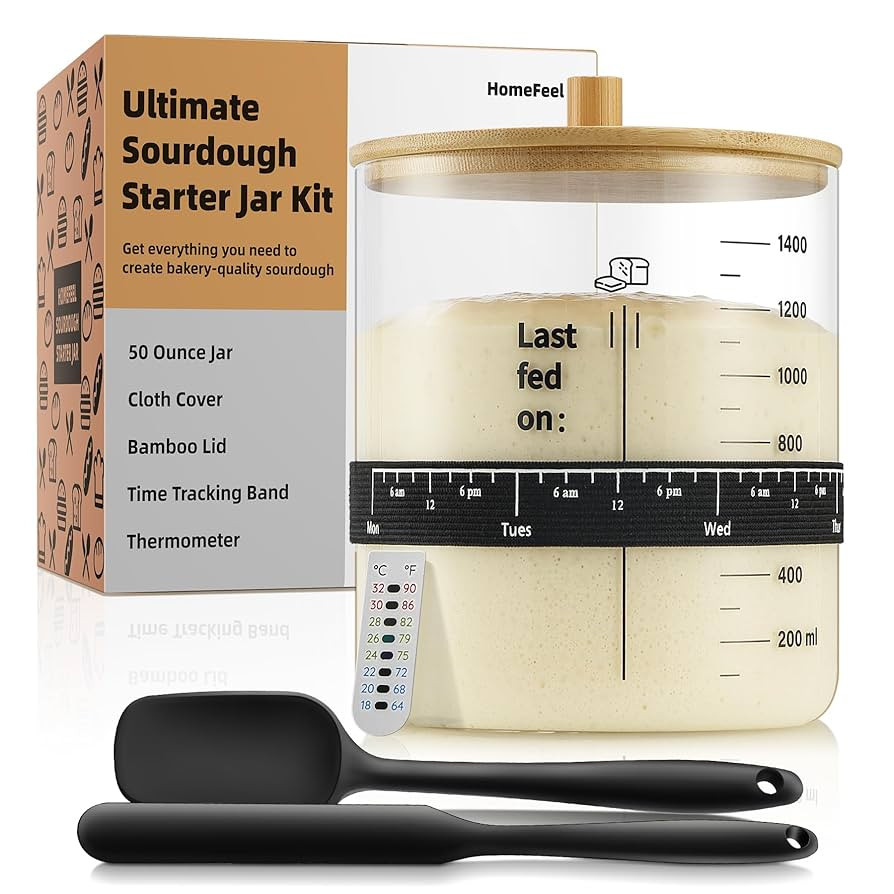 Premium Sourdough Starter Jar - 50 oz Large Glass Jar with Bamboo Lid, Cloth Cover, Date Tracker,... | Amazon (US)