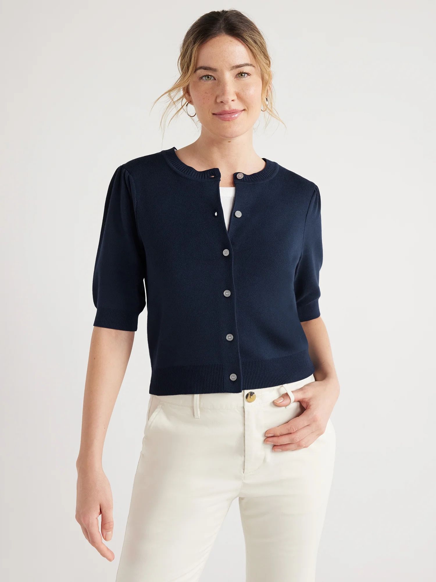 Free Assembly Women's Cardigan Sweater with Short Puff Sleeves, Midweight, Sizes XS-XXL | Walmart (US)