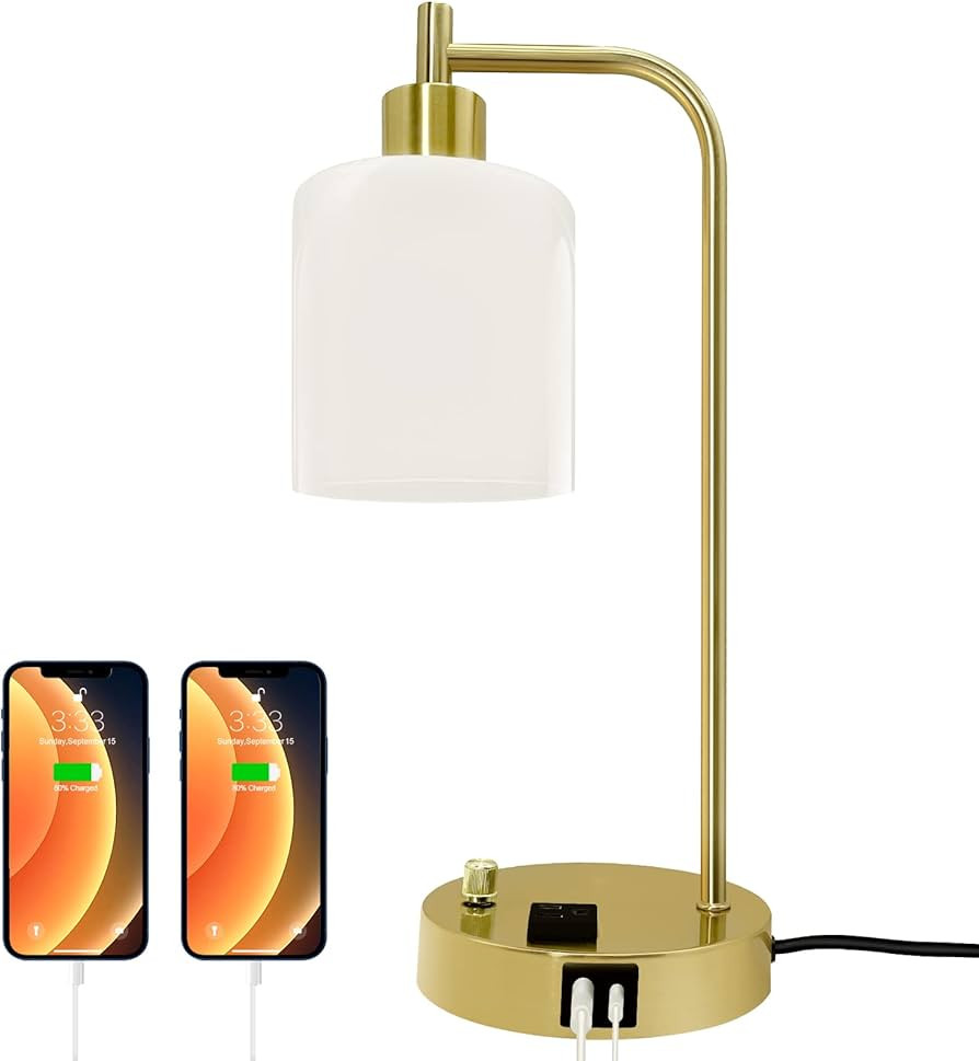 Industrial Table Lamp, Stepless Dimmable Gold Desk Lamp with 2 USB Ports and AC Power Outlet, Fro... | Amazon (US)