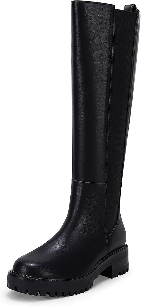 Womens Lug Sole Platform Knee High Boots Slip on Chelsea Combat Shoes Chunky Block Low Heel Elastic  | Amazon (US)