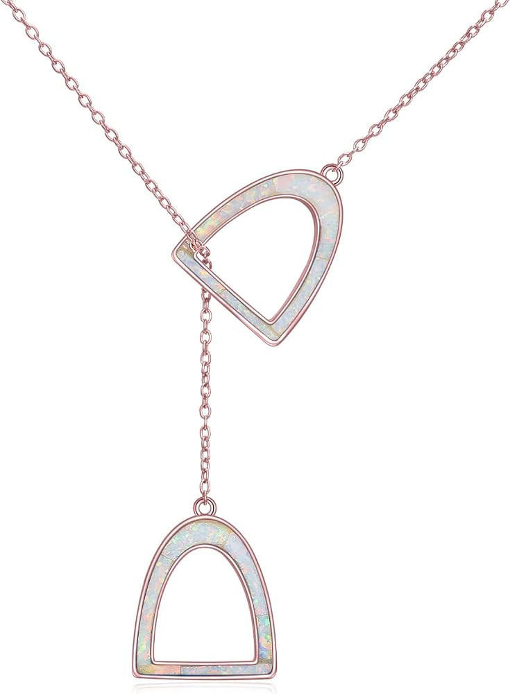 YFN White Opal Horse Gift Jewelry - 925 Sterling Silver Simple Double Horse Strirrup Lariat Neckl... | Amazon (US)