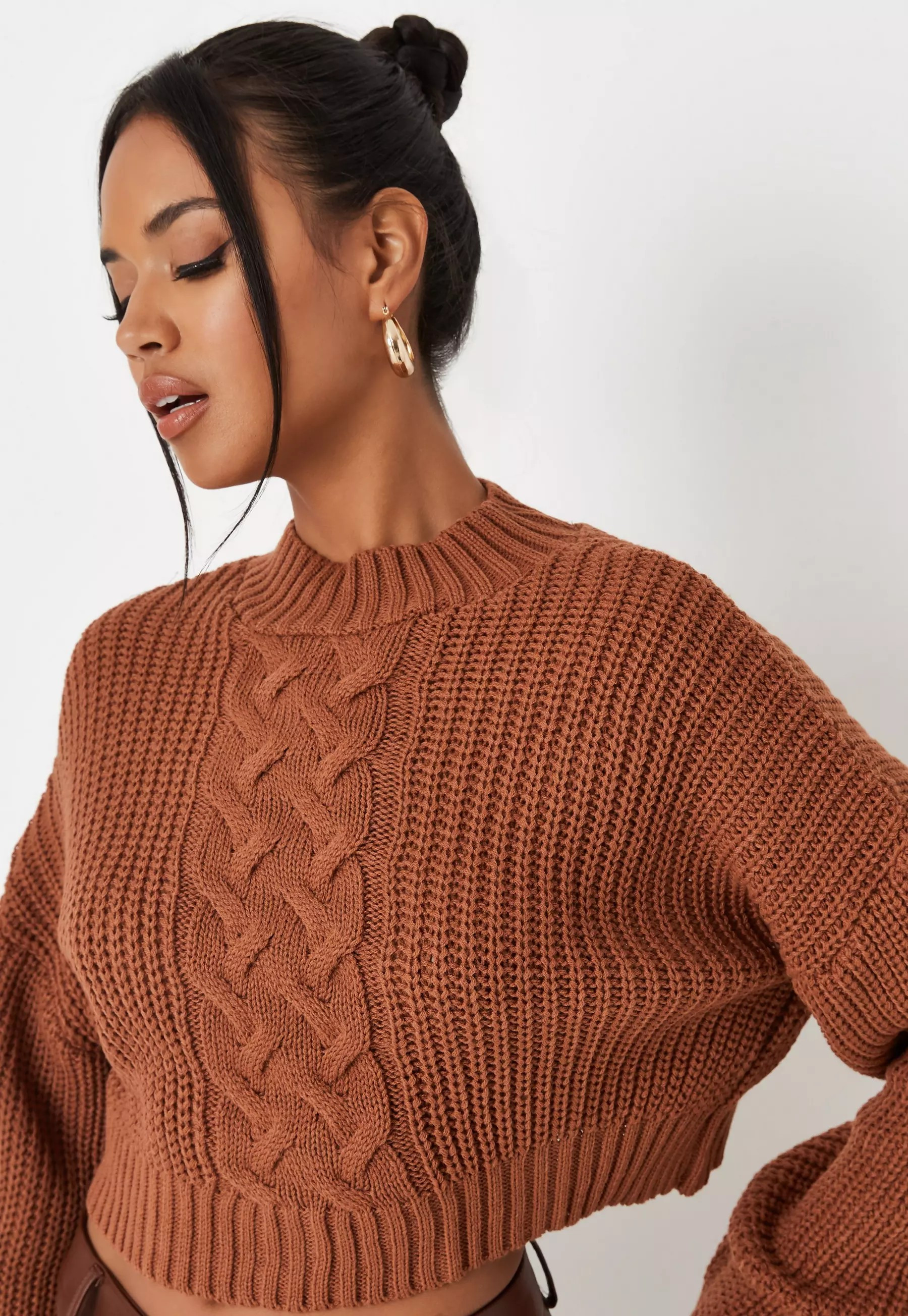 Camel Cable Knit Cropped Sweater | Missguided (US & CA)