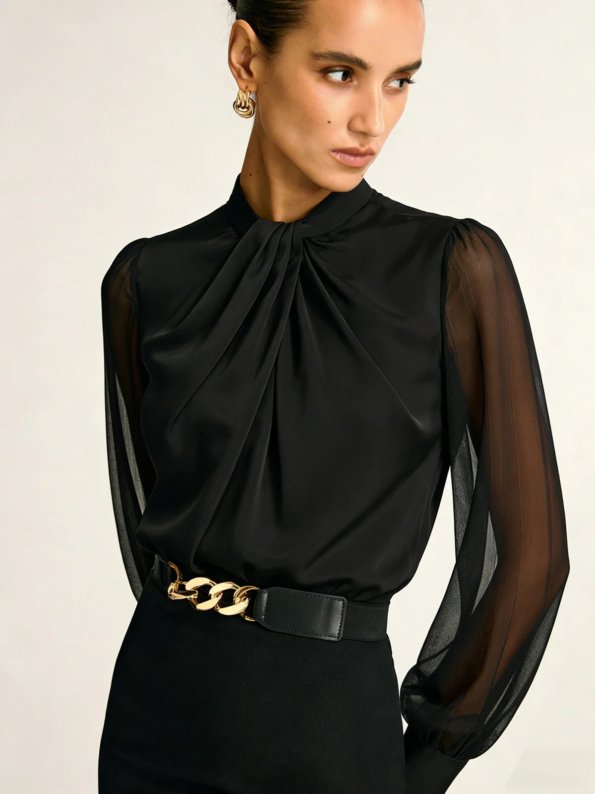 Sheer Sleeve Twist Front Satin Blouse | Commense