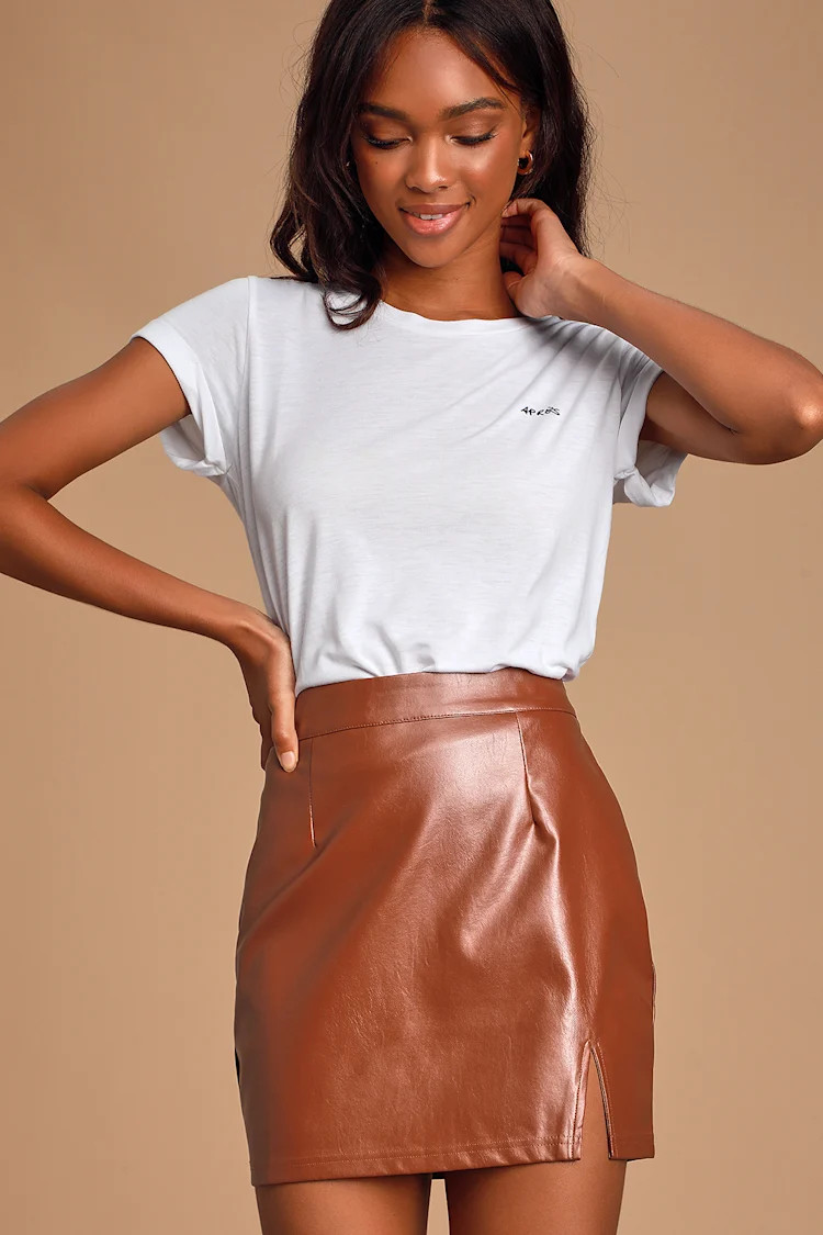 Corte Brown Vegan Leather Mini Skirt | Lulus
