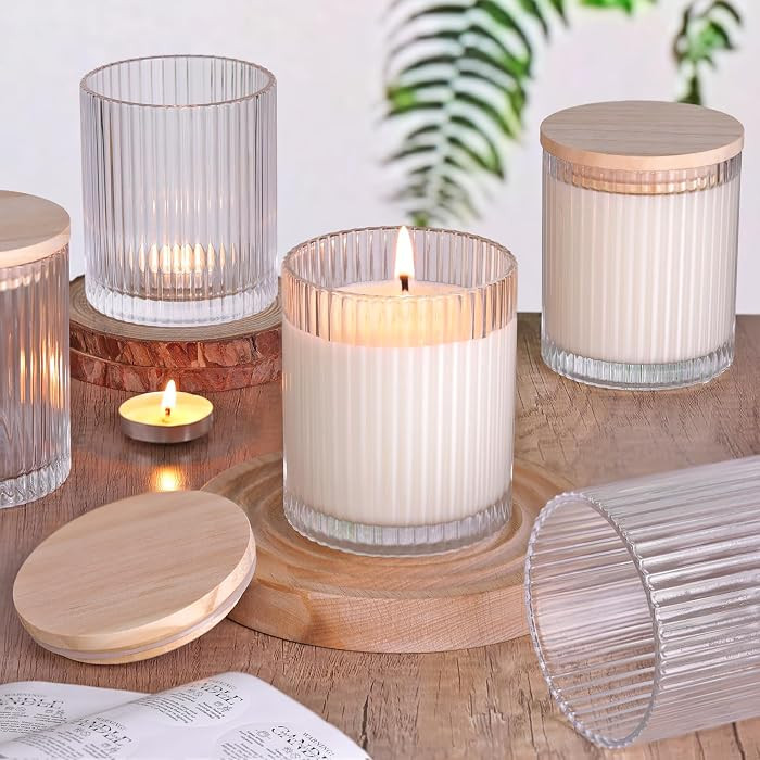 Clear Candle Jars with Lids, 8-Pack 12oz Ribbed Glass Candle Containers | Amazon (US)