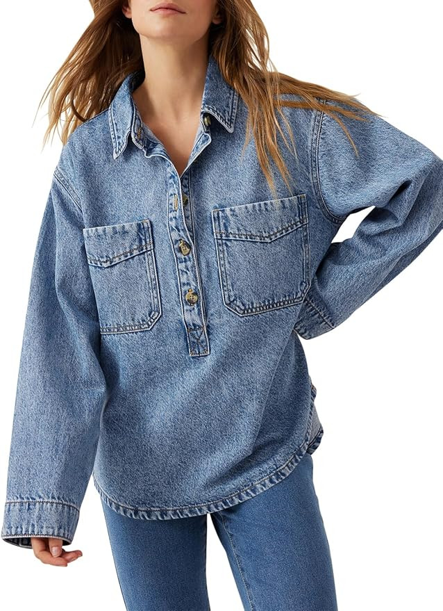 Tankaneo Womens Long Sleeve Denim Tops Casual V Neck Button Down Loose Fit Pullover Jean Shirts | Amazon (US)