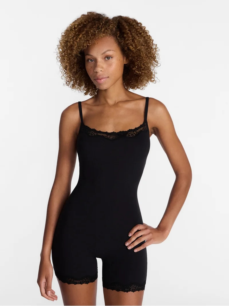 No Boundaries Fit Stretch Lace Trim Scoop Neck Romper, Women's XS-XXXL | Walmart (US)