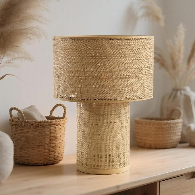 Rattan Table Lamp, Handwoven Boho Bedside Lamp with Linen Shade, Raffia & Bamboo Woven Desk Lamp ... | Amazon (US)