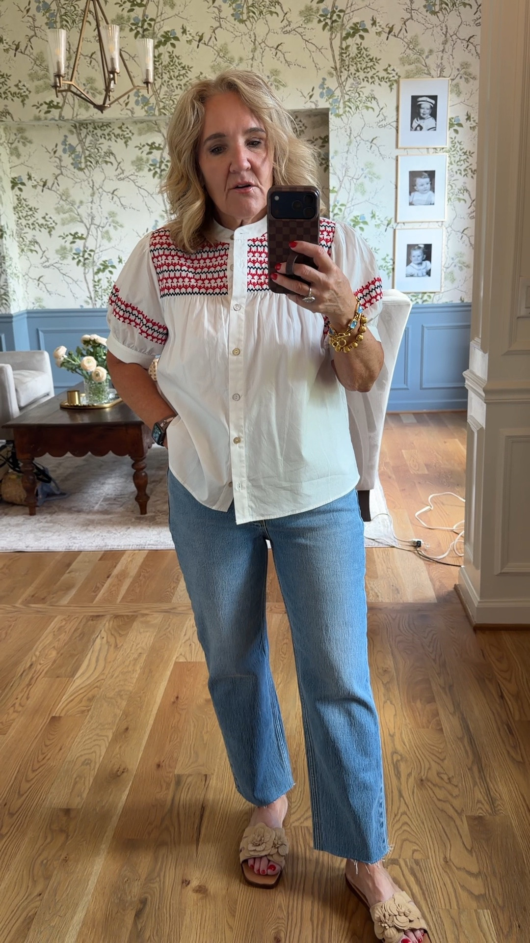 This cute blouse just dropped. Size medium 
I cut 4” off the jeans and absolutely love them. Size 29 
15% off code NANETTE15 good 1x at Avara

#LTKOver40 #LTKootd #LTKPetite