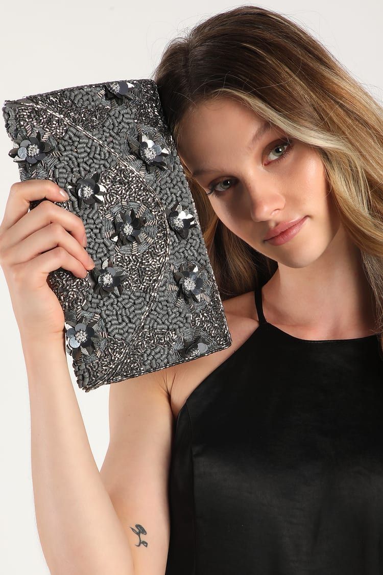 Live to Shine Grey Floral Sequin Beaded Clutch | Lulus (US)
