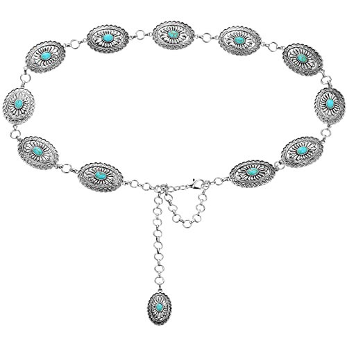 Tarpop Turquoise Belt for Women Western Concho Chain Belt Oval Round Flower Adjustable Metal Belt for Women Dresses(Turquoise,Oval Style) | Amazon (US)