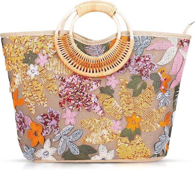 Tote Bag for Women, Beach Bag, Sequin Embroidery Straw Bag, Hand-Woven Rounded Bamboo Handle, Boh... | Amazon (US)