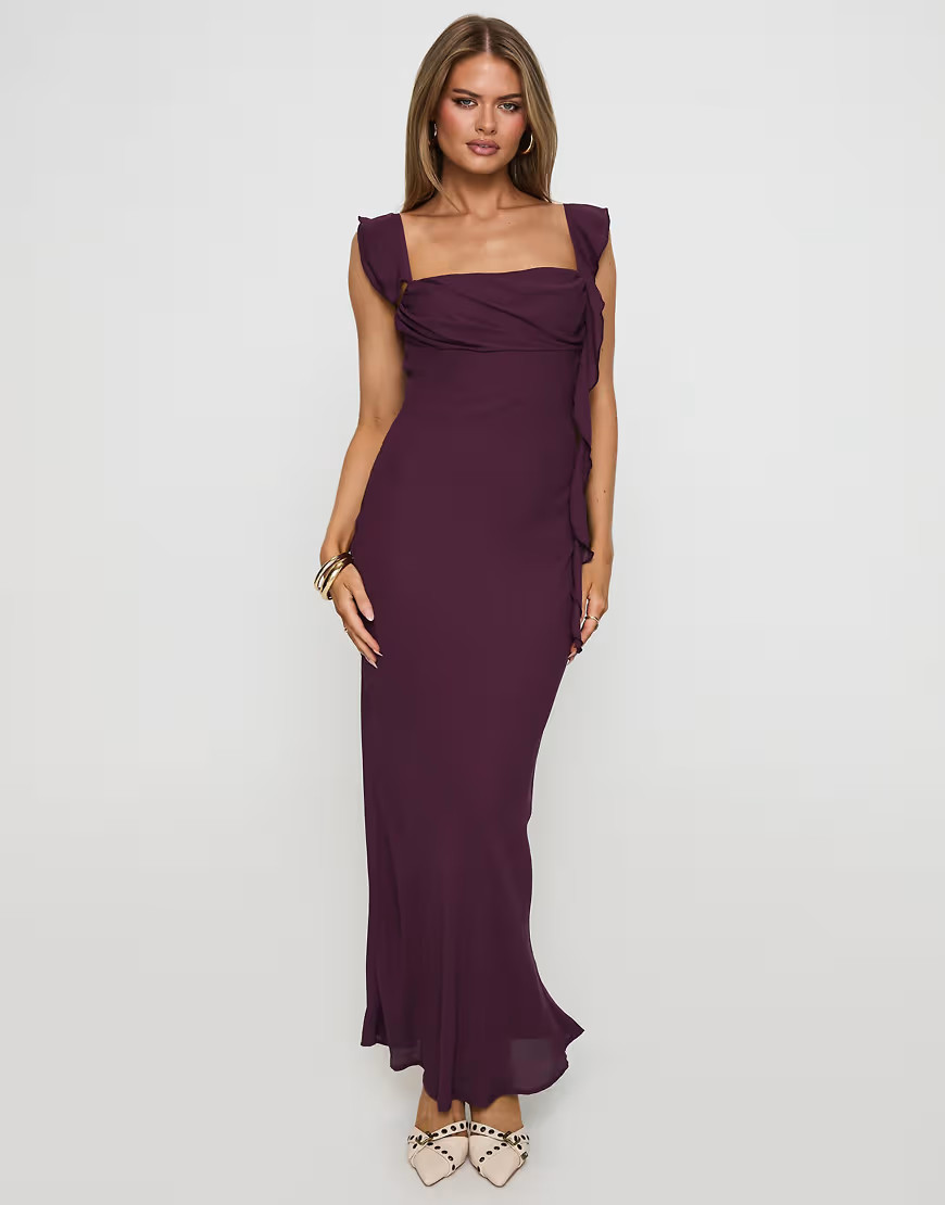 Princess Polly Lanai chiffon ruched bust ruffle drape detail maxi dress in plum-Purple | ASOS (Global)