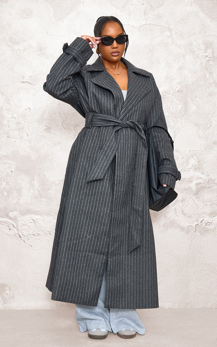 Plus Charcoal Pinstripe Wool Look Double Breasted Belted Coat | PrettyLittleThing US