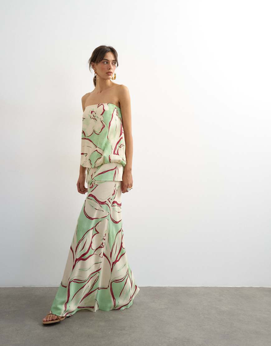 Topshop satin dropped waist blouson bandeau in green floral | ASOS (Global)