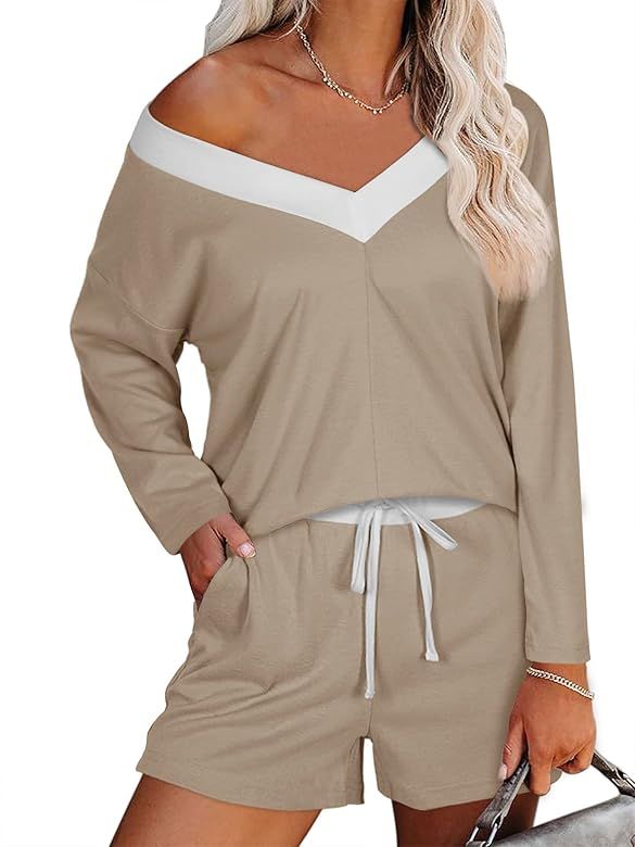 Panesare Women’s Pajamas Set Long Sleeve Tops with Shorts Lounge set Casual Two-Piece Sleepwear... | Amazon (US)