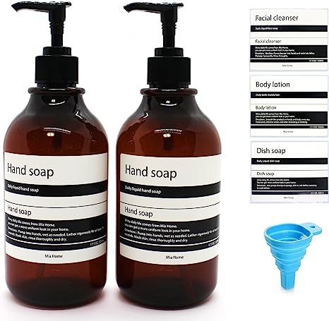 Mia home 17.5 oz Refillable Empty Amber PET Plastic Bottle Set - 2 Bottles of Hand soap with addi... | Amazon (US)