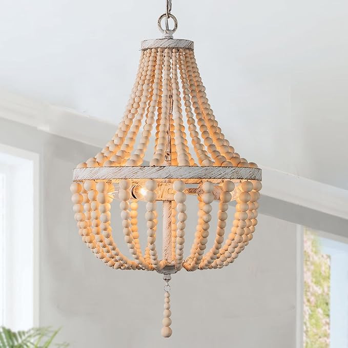 3-Lights Wood Bead Chandelier Boho Light Fixture,Antique Rustic Metal White Oak Beaded Chandelier... | Amazon (US)