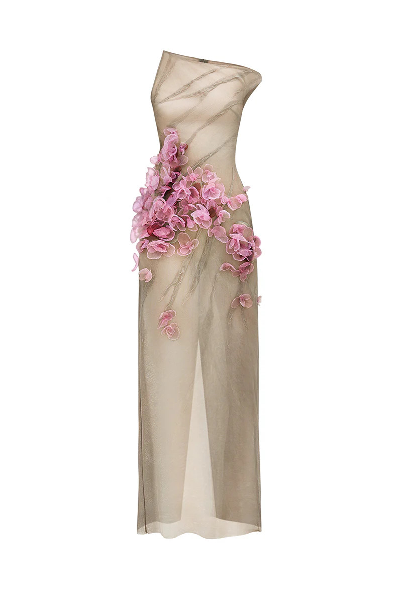 BLOSSOM SHEATH DIAGONAL NECK TULLE FLOOR LENGTH DRESS | LECIA | CULT MIA | CULT MIA UK LTD