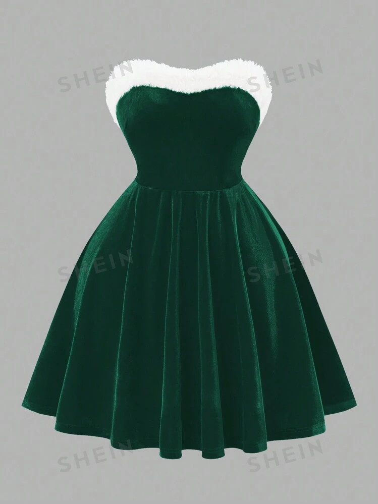 SHEIN BAE Plus Size Christmas Colorblock Fuzzy Patchwork Bandeau Dress | SHEIN