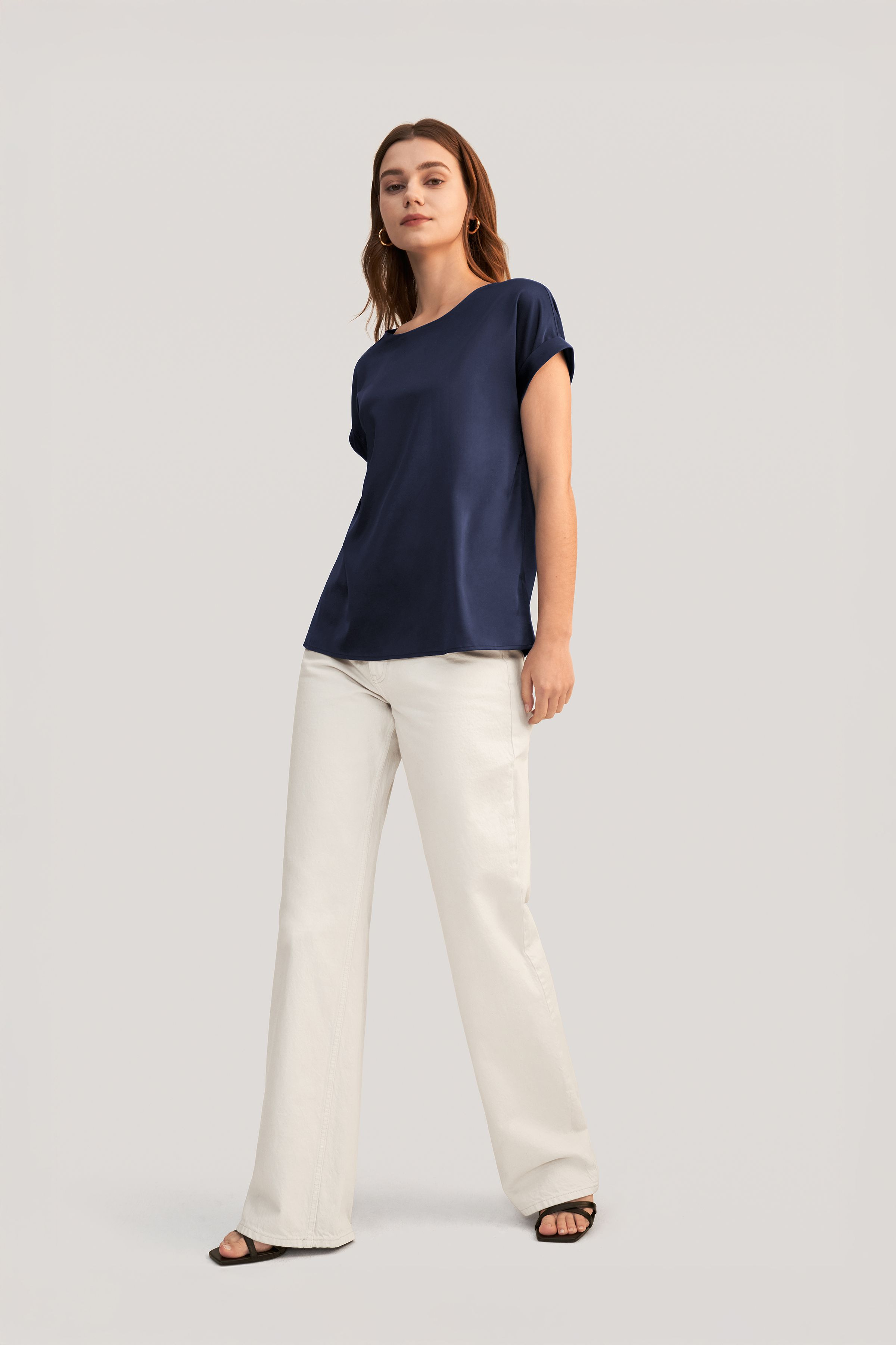Camicia di seta a maniche corte con scollo rotondo | LILYSILK