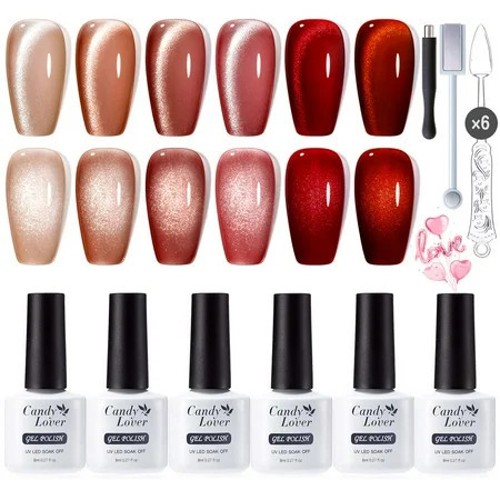 Candy Lover Cat Eye Gel Nail Polish Kit, 6 Hot Red Holographic Glitter Gel Polish with 2 Magnets, Soak Off UV LED Nail Polish, Manicure Gift Set for Women | Walmart (US)