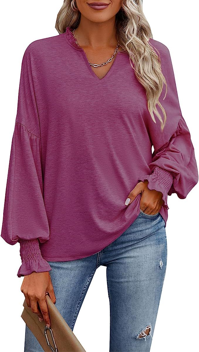 Kenaque Womens Long Sleeve Tops Casual Ruffle V Neck T Shirts Lantern Sleeve Blouses Tees | Amazon (US)