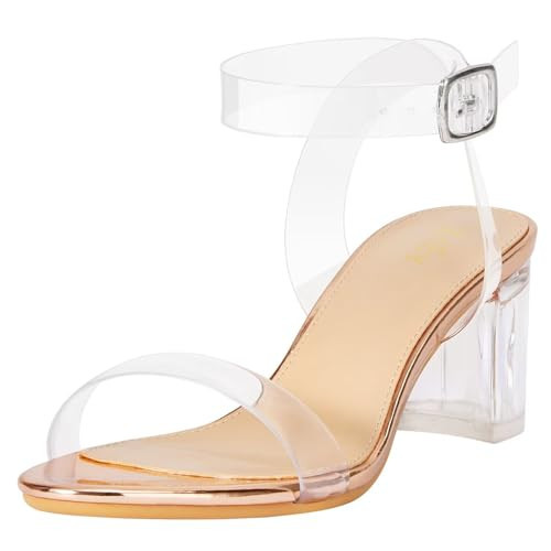 ZriEy Women's Clear Heels Clear Block Heeled Sandals Strappy Chunky 2.2 Inch Open Toe Adjustable Ankle Strap Pump Sandals for Weddings Parties Daily Wear Rose Gold Size 5 | Amazon (US)