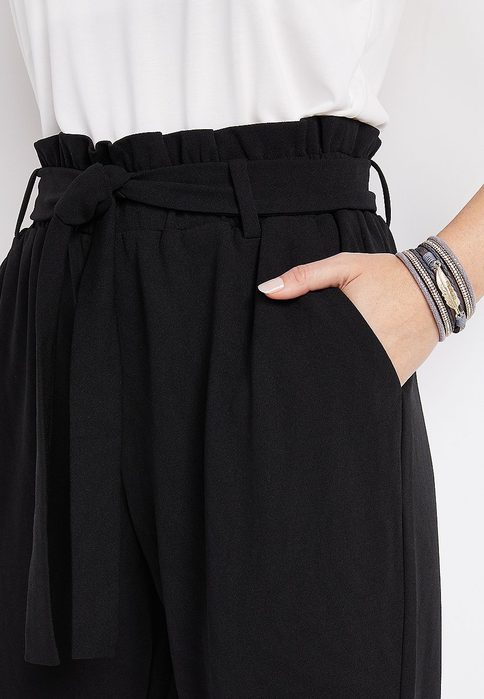 High Rise Black Tie Waist Ankle Pant | Maurices