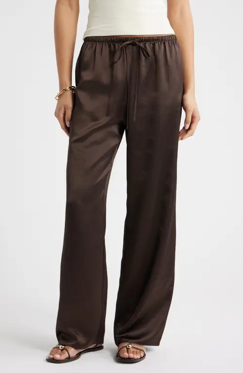 Open Edit Drawstring Waist Satin Pants in Brown Seal at Nordstrom, Size Small | Nordstrom