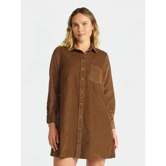 Time and Tru Women's Corduroy Shirtdress with Long Sleeves, Sizes XS – XXXL | Walmart (US)
