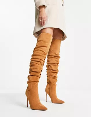 ASOS DESIGN Kingdom heeled ruched over the knee boots in tan | ASOS (Global)