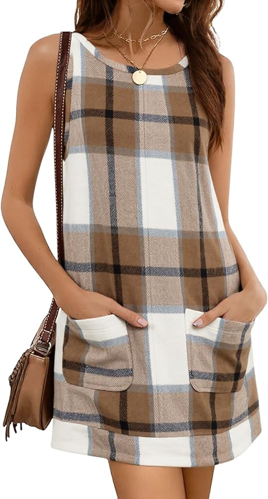 Hooever Plaid Overall Dress for Women Round Neck A Line Skirtall Jumper Mini Dress Pinafore with ... | Amazon (US)