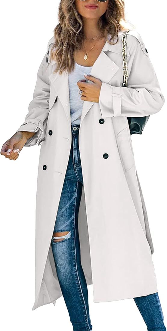 Makkrom Women's Double Breasted Long Trench Coat Windproof Classic Lapel Slim Overcoat with Belt | Amazon (US)